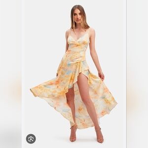 Bardot Revolve Cut Out Floral Frill High Low Dress in Yellow and Blue Size XL